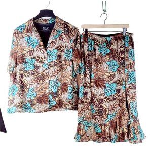 Skirt Set Floral Blue Brown Midi Short Sleeve 18W Spago Collection Career